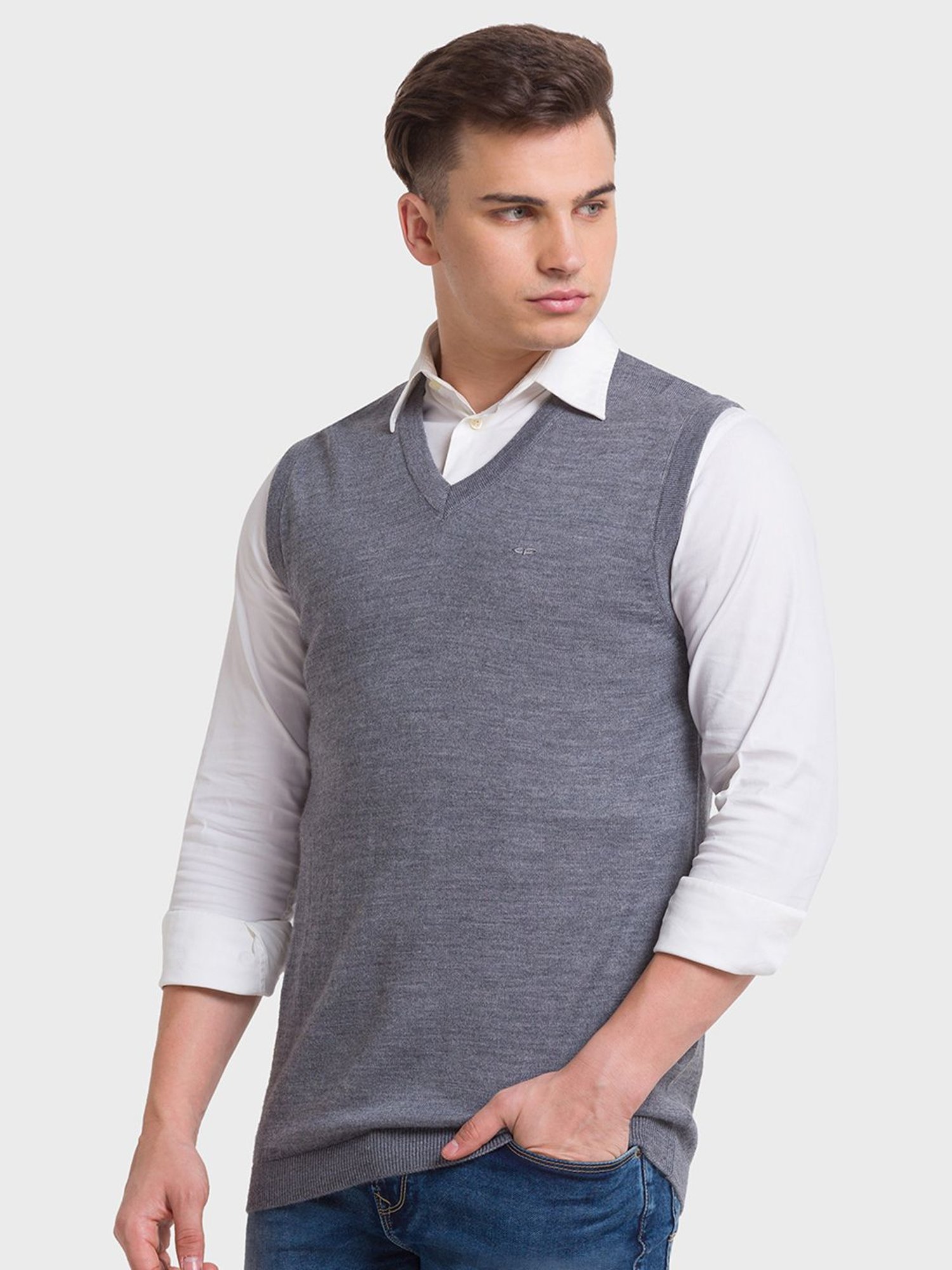 ColorPlus Grey Regular Fit Texture Sweaters
