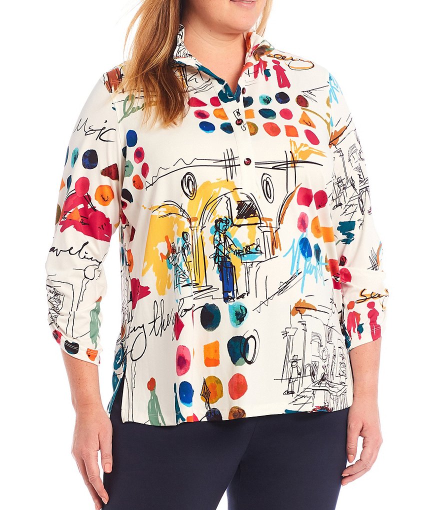 Ali Miles Plus Size Conversation Print Wire Collar Henley Neck Tunic