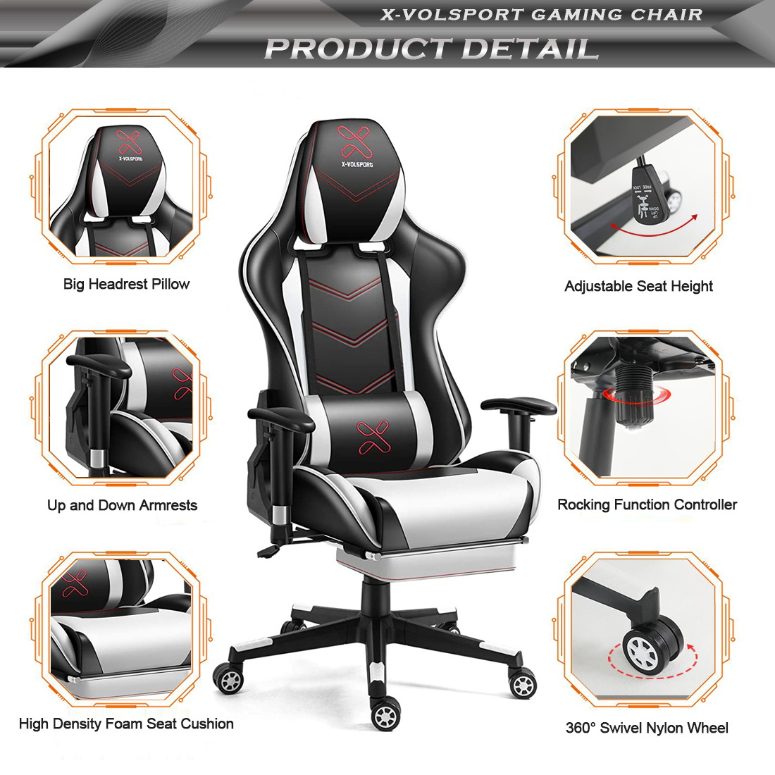 X-VOLSPORT Gaming Chair Office High Back Chair with Footrest, Racing Style PU Leather Ergonomic Computer Video Game Chair with Headrest and Lumbar Massage