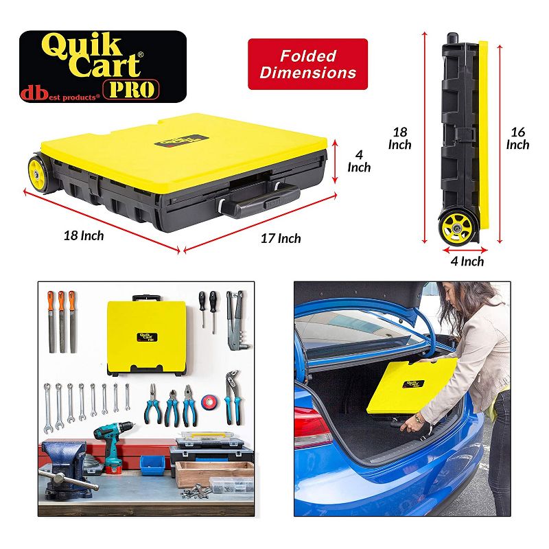 dbest products Quik Cart Pro 2 Wheeled Collapsible Handcart Dolly Storage Grocery Shopping Utility Cart with Lid, Seat, and Stool Functions, Yellow