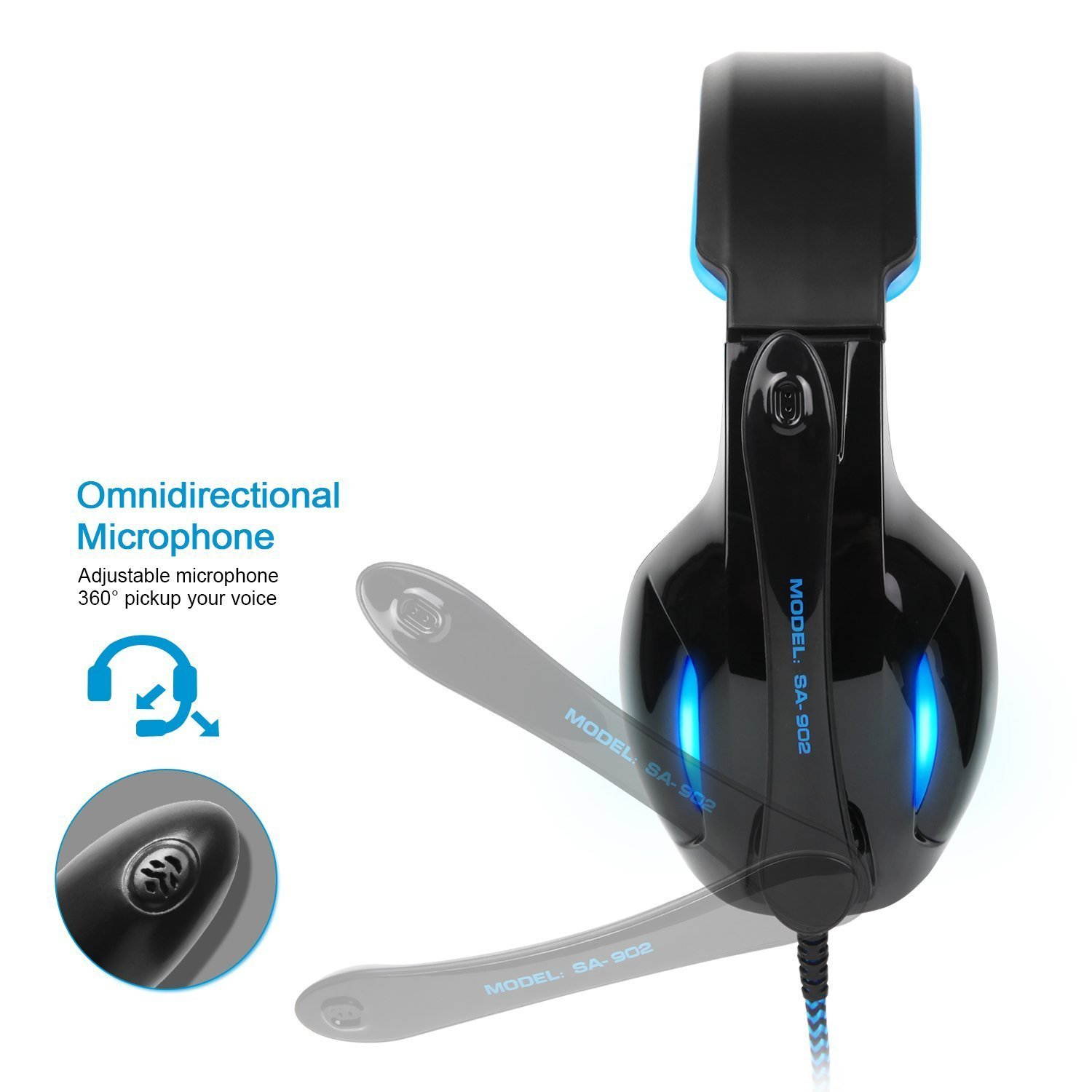 SADES 2017 New SA902 USB Headset 7.1 Surround Stereo Wired PC Gaming Headset Over Ear Mac Gaming Headphones with Microphone Revolution Volume Control Noise Canceling LED Light (Black/Blue)