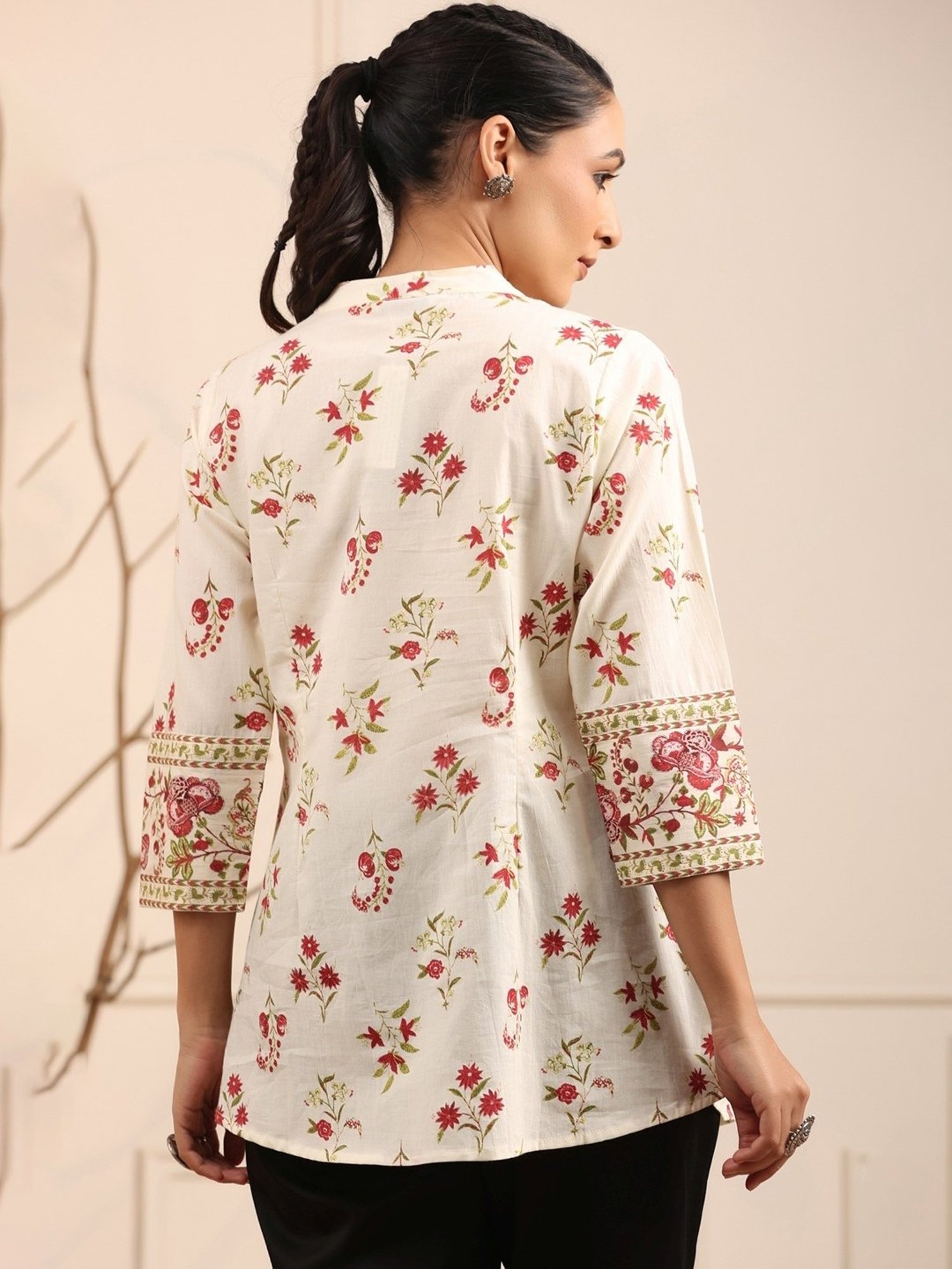 Rain and Rainbow Cream & Pink Cotton Printed Top