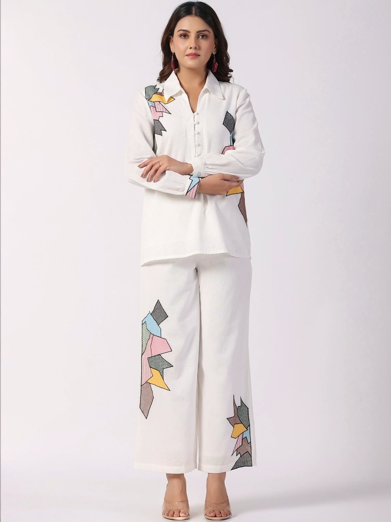 Zolo Label White Cotton Embroidered Top Palazzo Set