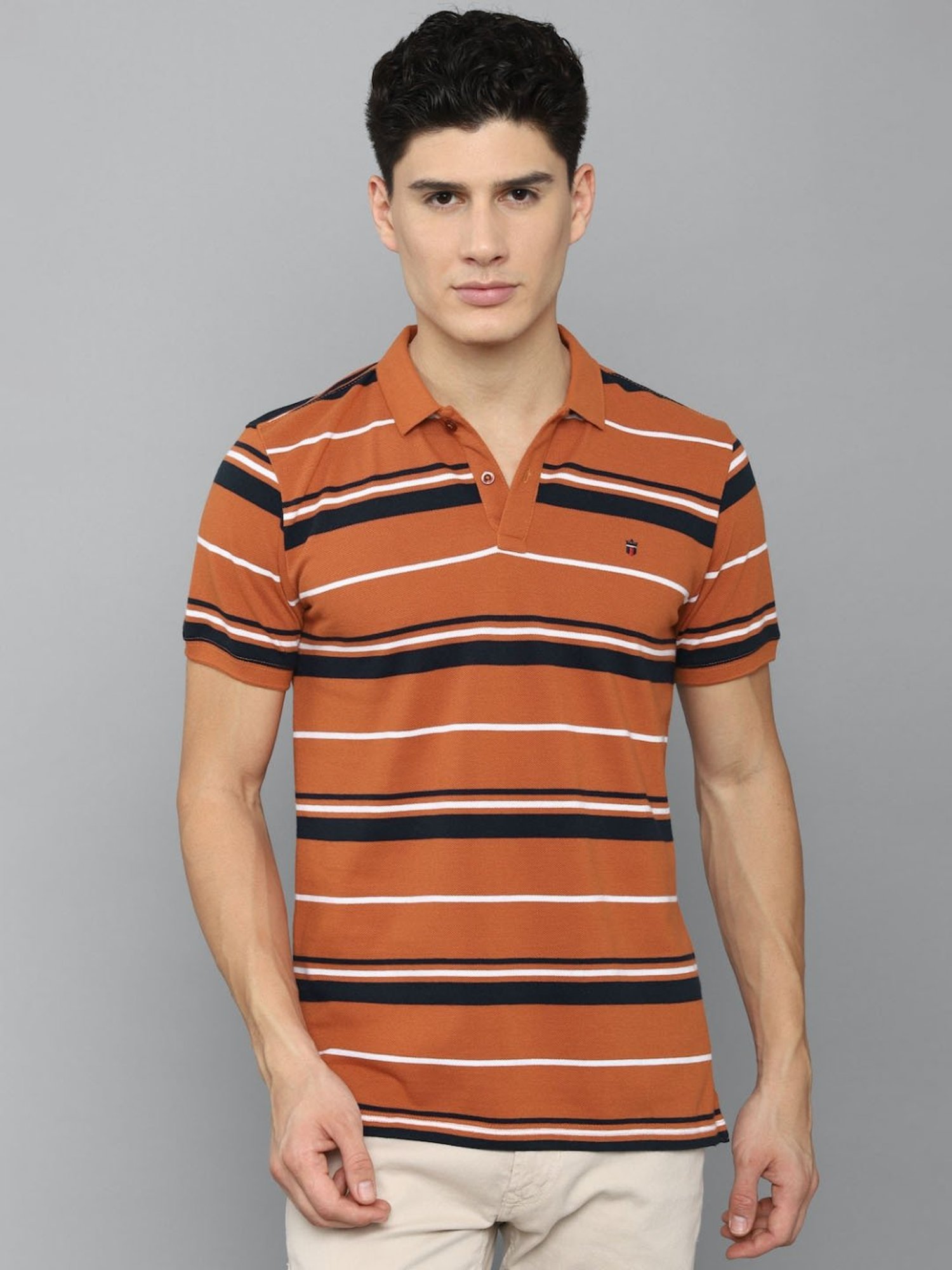 Louis Philippe Sport Orange Cotton Slim Fit Striped Polo T-Shirt
