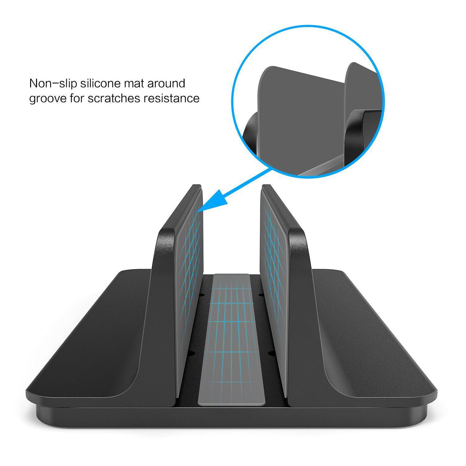 Vertical Laptop Stand [Adjustable Size], OMOTON Desktop Aluminum MacBook Stand with Adjustable Dock Size, Fits All MacBook, Surface, Chromebook and Gaming Laptops (Up to 17.3 inch), Black