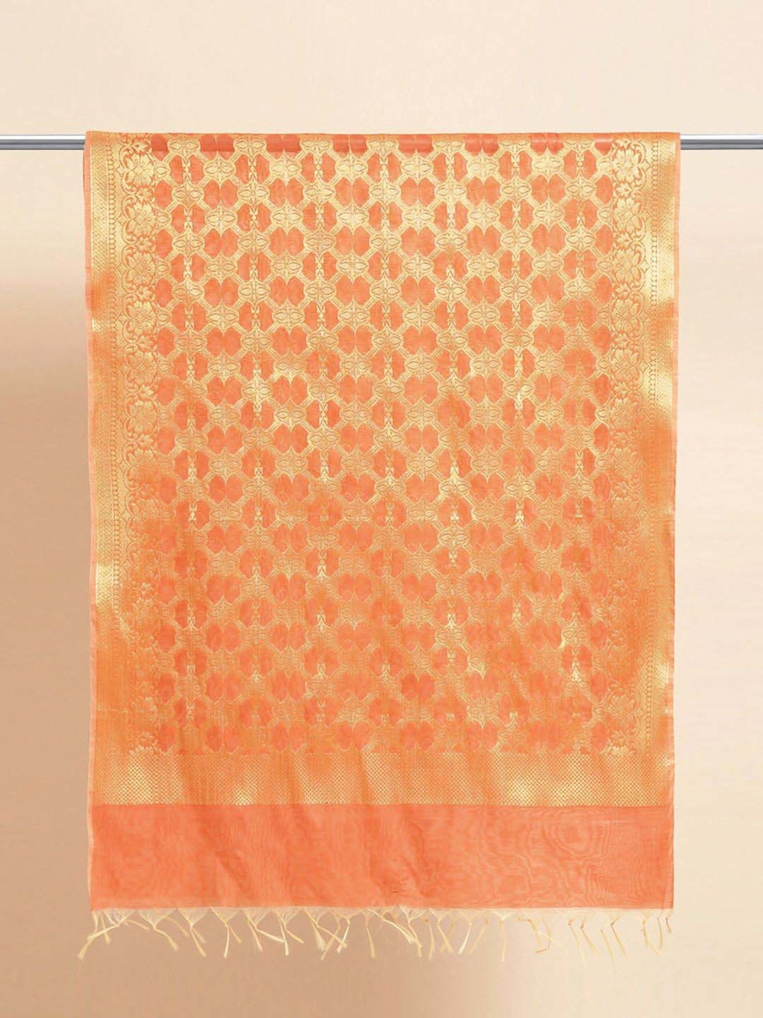 Banarasi Style Peach Cotton Woven Pattern Dupatta