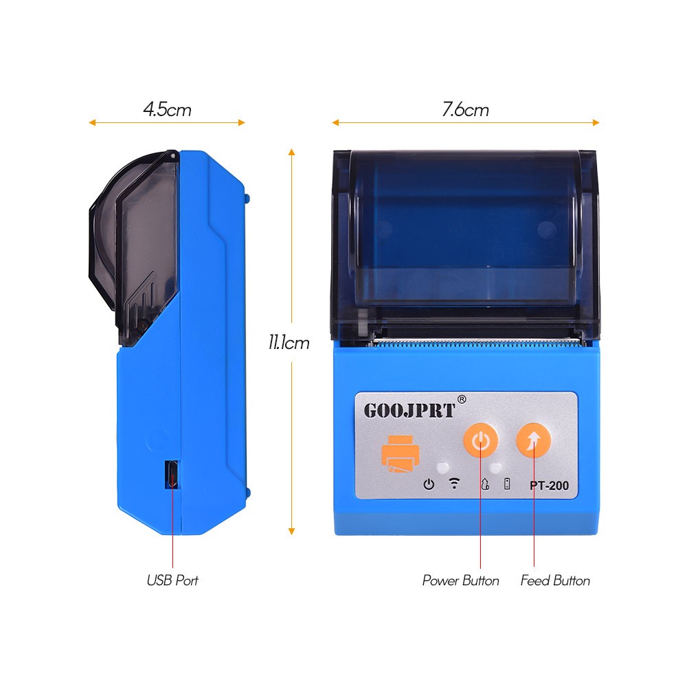 PT200 Portable Wireless BT 58mm Receipt Thermal Printer Mini Personal Bill Printer Compatible with ESC/POS Print Commands Set for iOS Android Windows for Restaurant Supermarket Retail Store Business