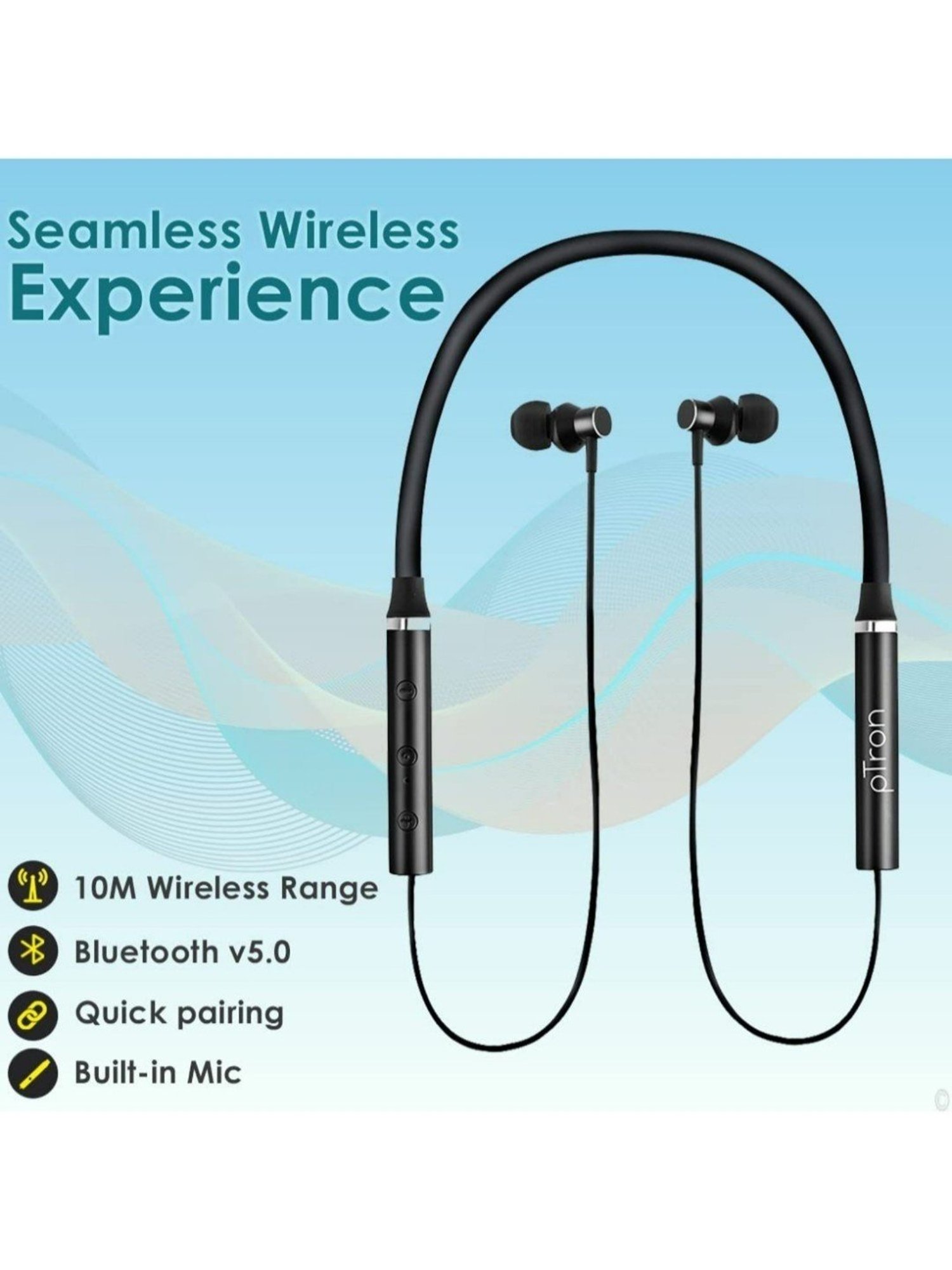 PTron Tangentbeat in-Ear Bluetooth 5.0 Wireless Neckband with Mic (Black)