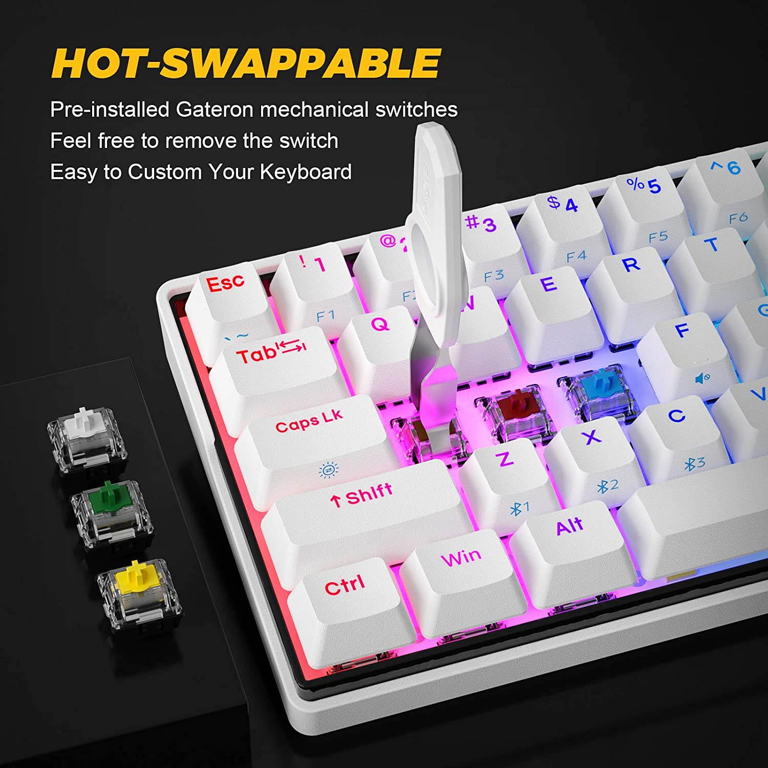 KEMOVE 61 Snowfox Bluetooth 5.1 Wireless/Wired 60% RGB Mechanical Gaming Keyboard - Hot Swappable with Mechanical Switches, PBT Keycap, Full Keys Programmable for Win/Mac -White (Gateron Brown Switch)