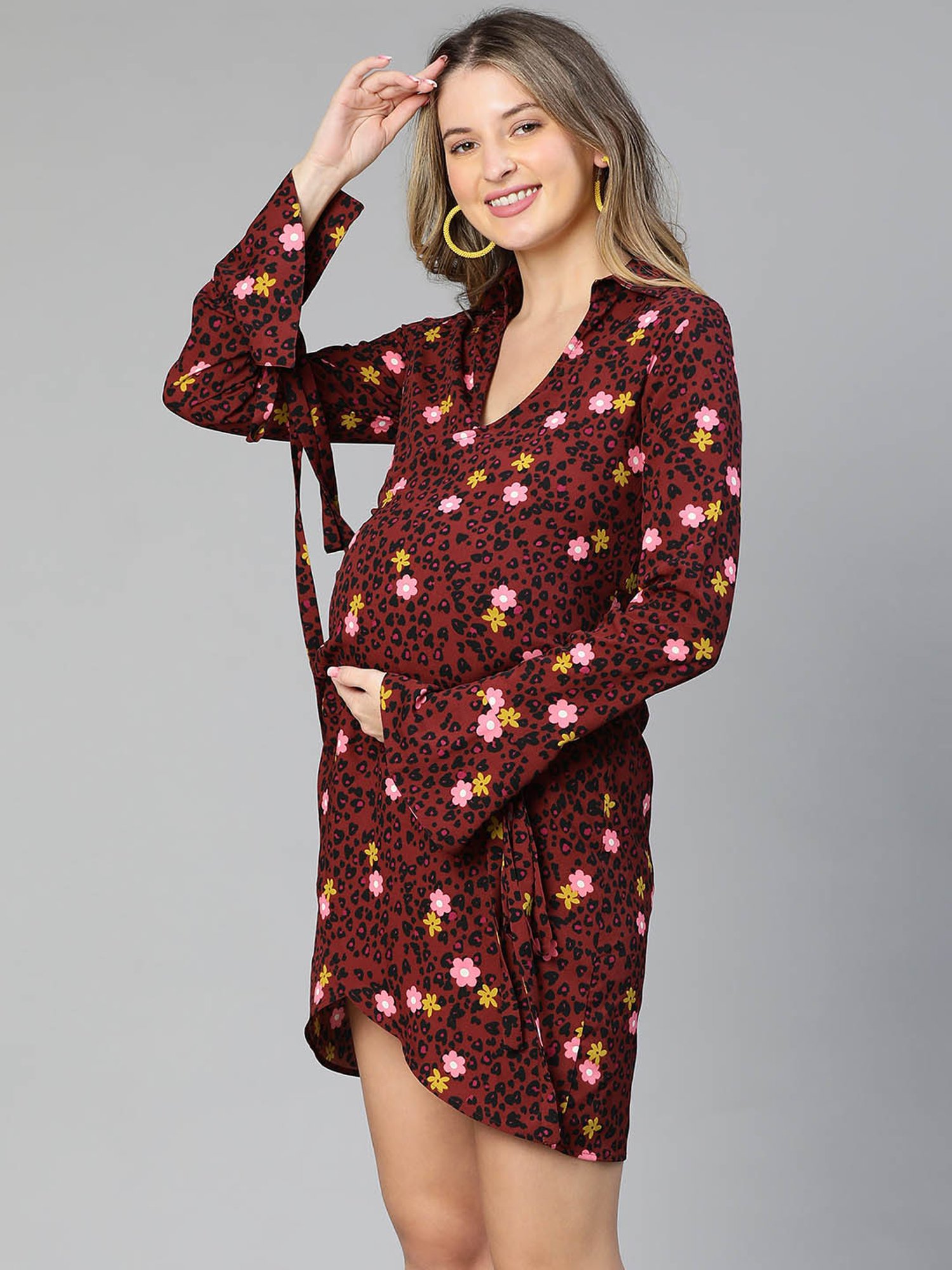 Oxolloxo Maroon & Black Floral Print Maternity Dress