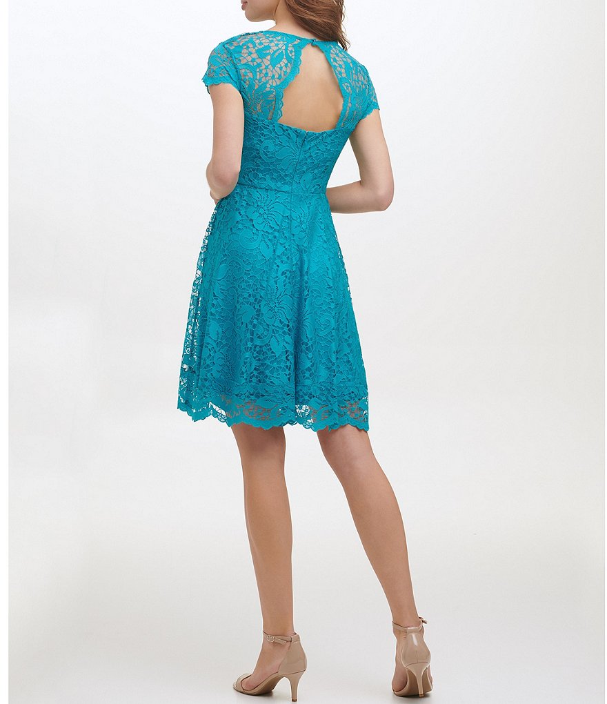 Kensie Illusion Crew Neck Cap Sleeve Lace A-Line Scallop Hem Dress
