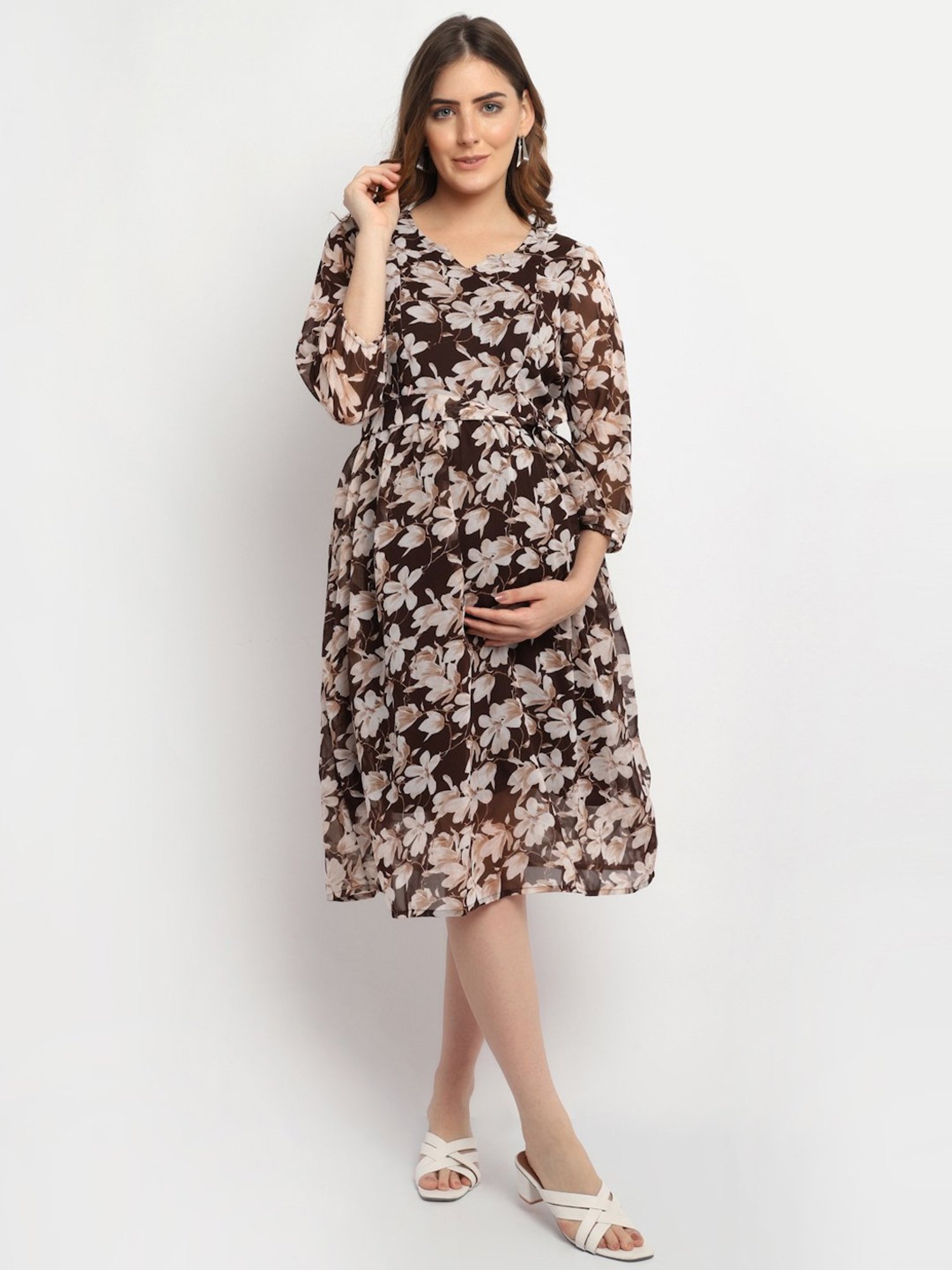 Moms Maternity Brown Printed Dress
