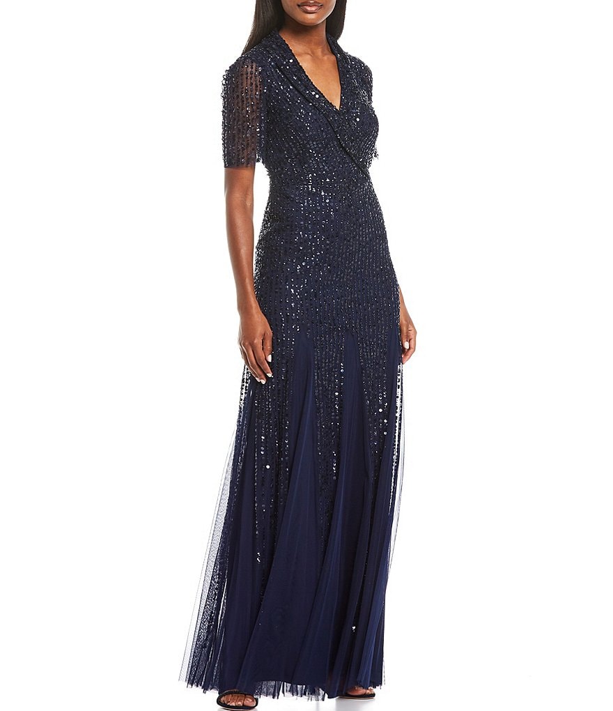 Adrianna Papell Shawl Collar Beaded Gown