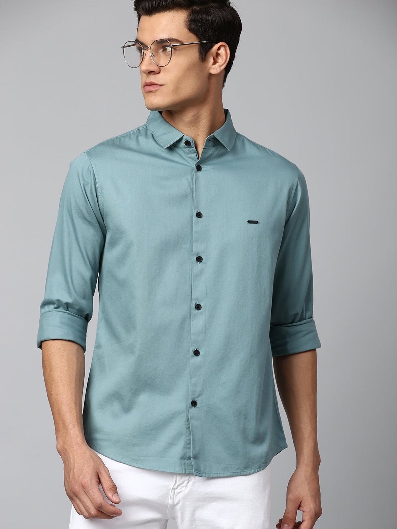 Dennis Lingo Dusty Teal Cotton Slim Fit Shirt