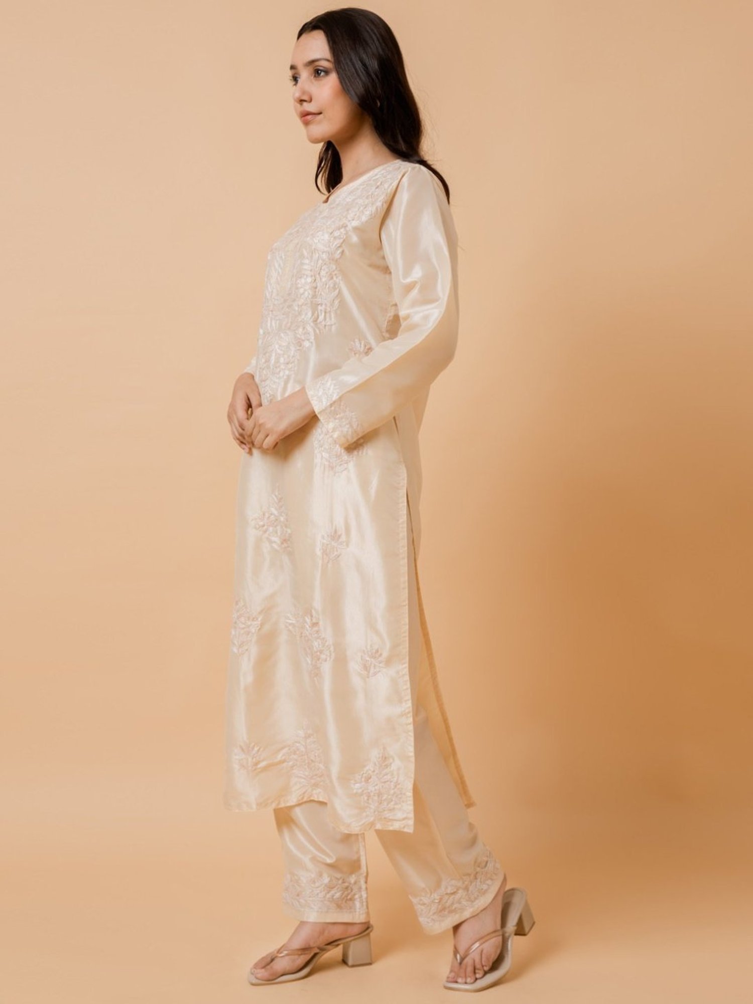 House of Kari Beige Fizaa'S Silk Chikankari Kurta