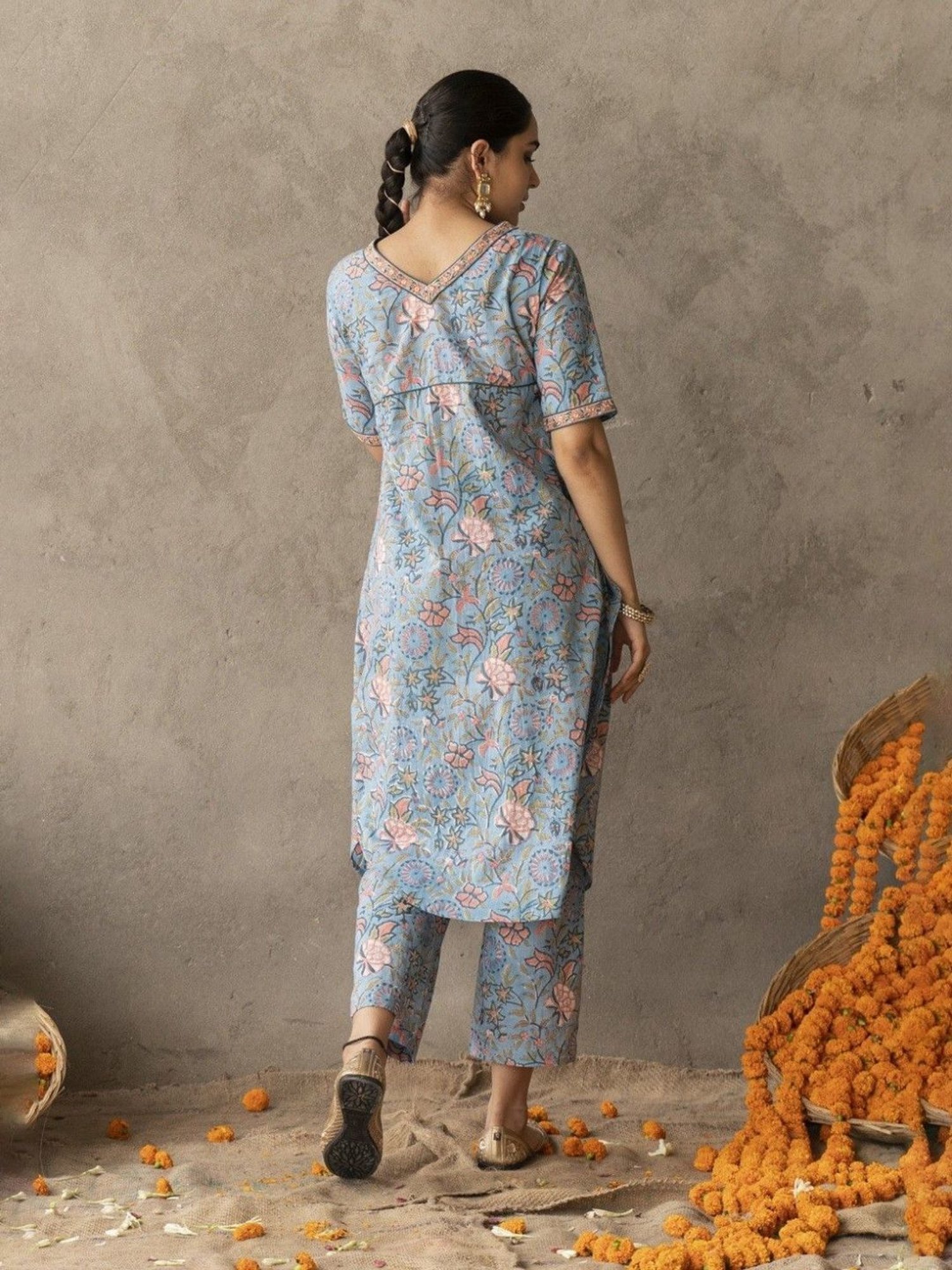 Akiso Reet Blue Block Printed A Line Kurta With Hand Embroidery Details
