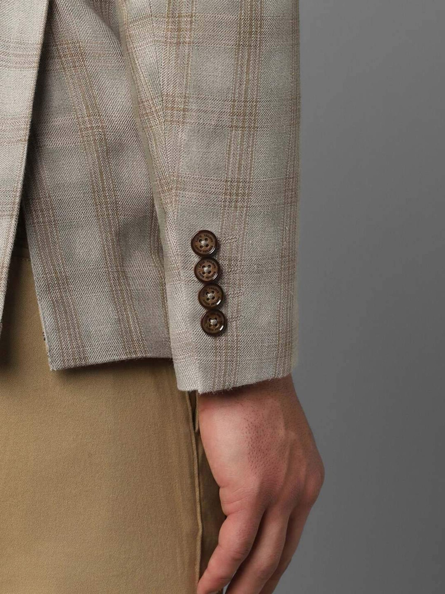 Louis Philippe Beige Linen Slim Fit Checks Blazer