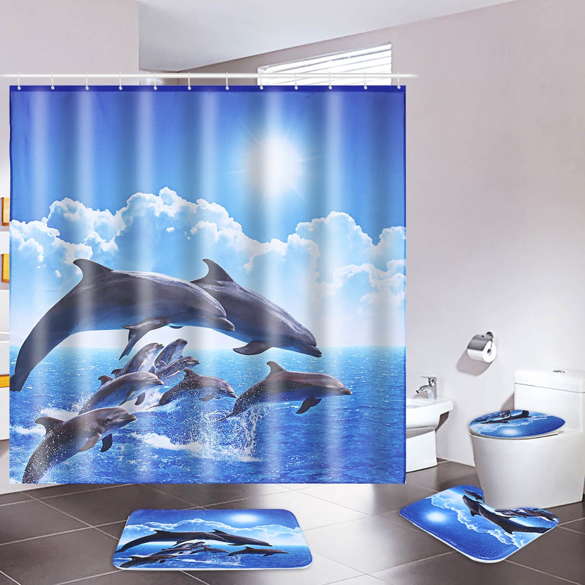 Shower Curtain Bath Pad Pedestal Rug Lid Toilet Cover Art Fashion Dolphin Type B