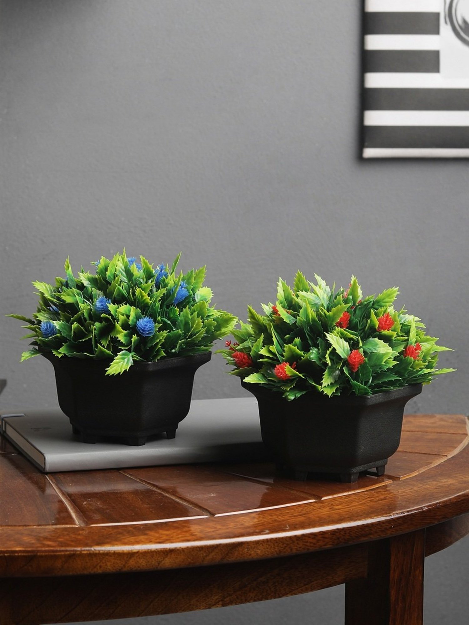 Foliyaj Multicolor Plastic Artificial Mini Bush - Set of 2