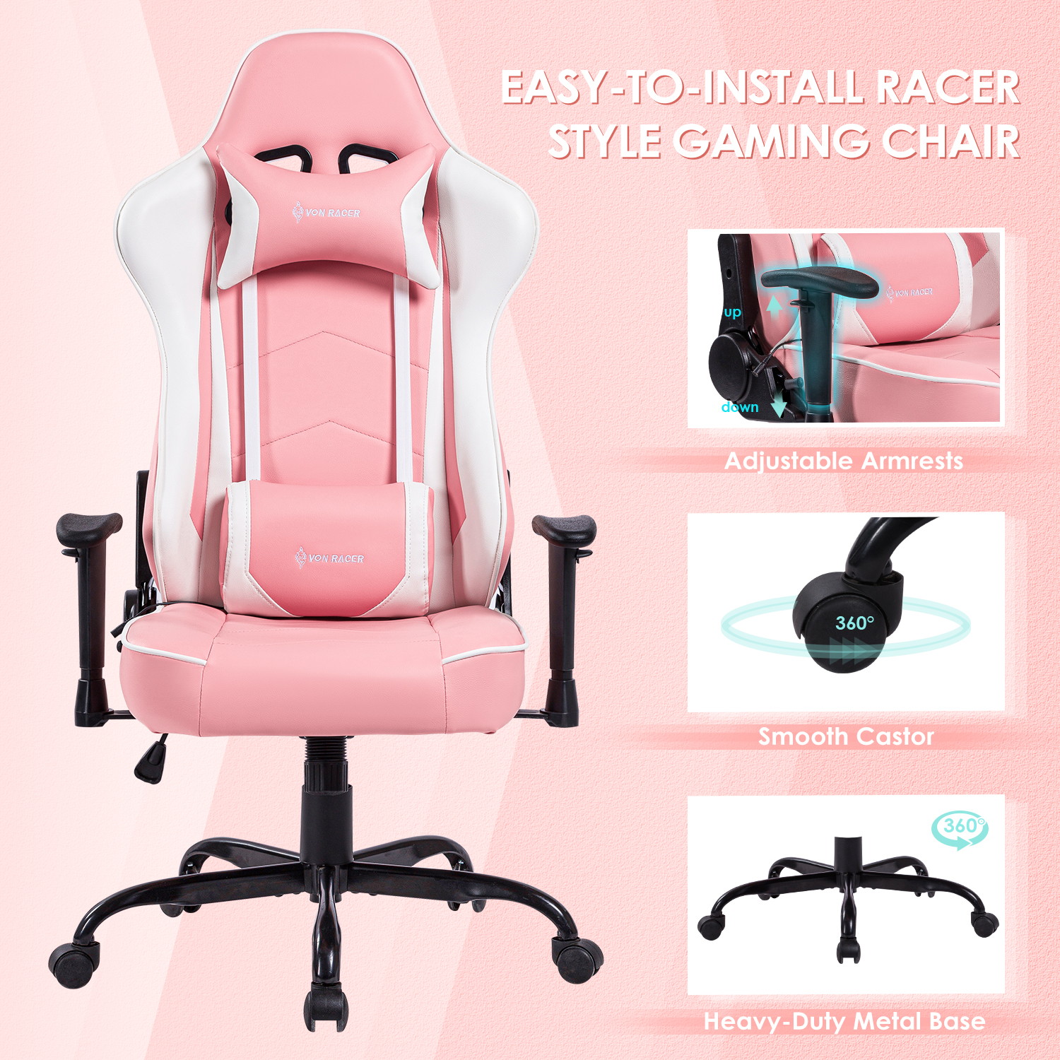 Gaming Chair, Racing Style Computer Desk Chair Padded Armrests Ergonomic Lumbar Support Adjustable Height