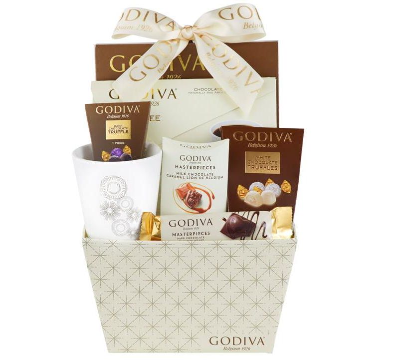 Godiva Truffles, Coffee and Chocolate Hot Cocoa Gift Basket Includes 10oz White Mug