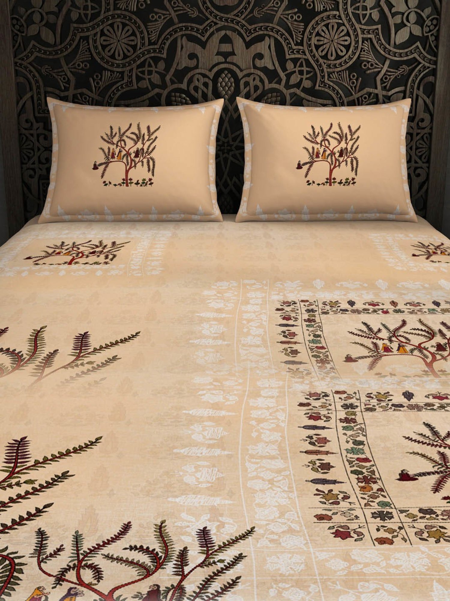 Spaces Chamba Rumal Abstract Beige 300 TC Cotton King Bedsheet with 2 Pillow Covers