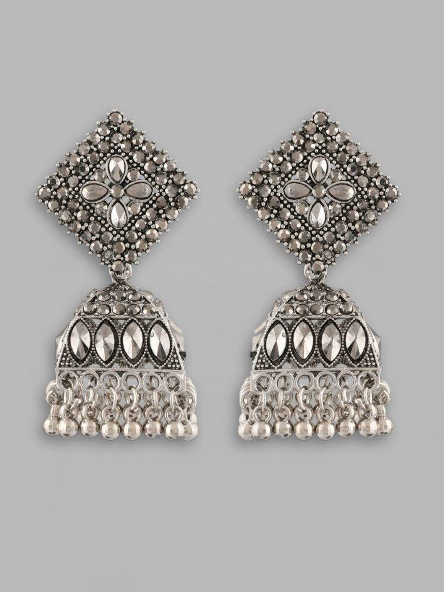 VOJ Black-Toned AD Studded Dome Shaped Jhumkas Earrings for Women