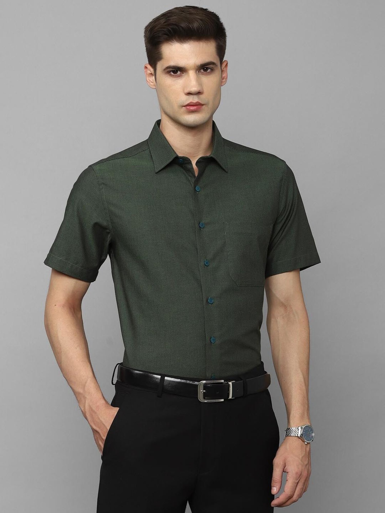 Louis Philippe Olive Cotton Slim Fit Shirt