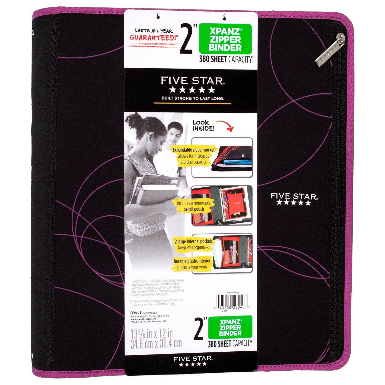 Five Star 2 Inch Zipper Binder, Ring Binder, Xpanz, Color Selected For You (29040)