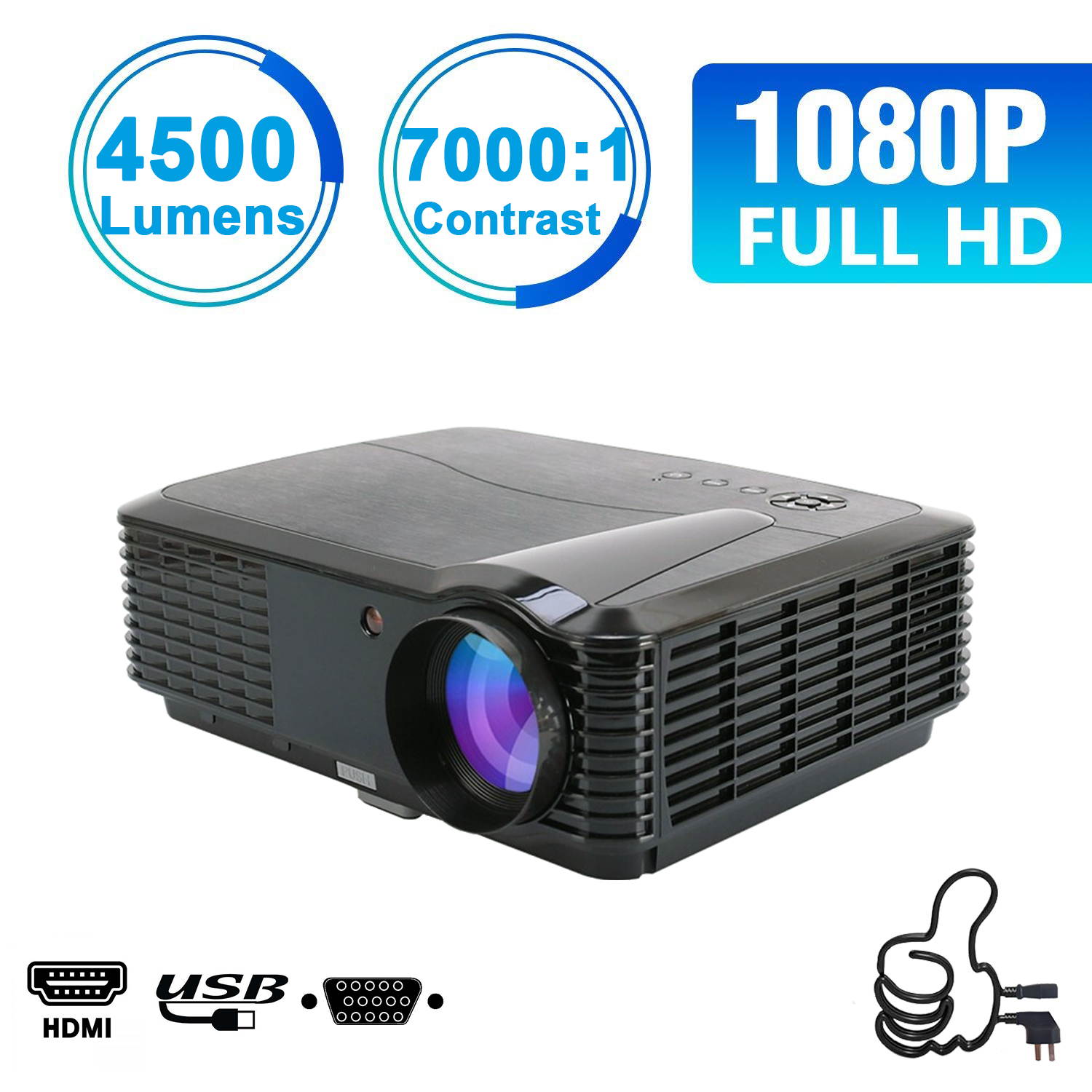 1080P Video Projector HDMI 4500 Lumen LED Home Projector FULL HD Home Theater Cinema Multimedia Movie Projector 1080P HDMI USB VGA LED Projector for PC Computer Laptop Xbox PS4 Video Games