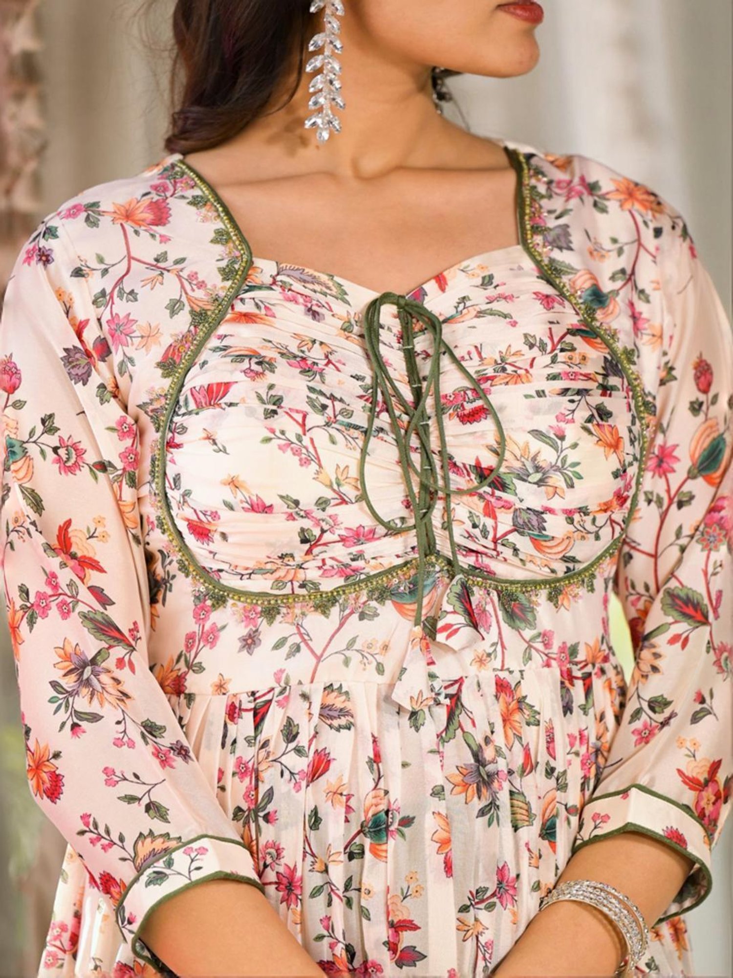 Odette Beige & Green Floral Print Kurta Pant Set With Dupatta