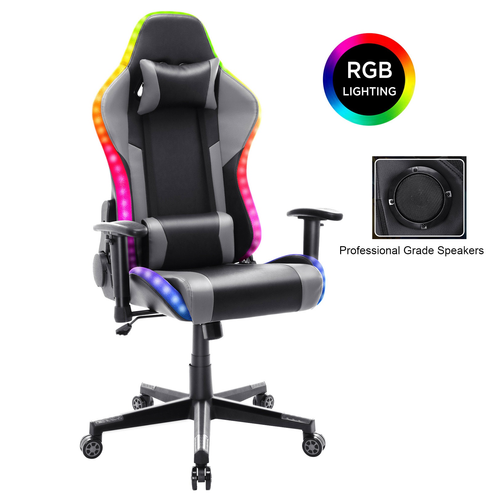 YOUTHUP Gaming Chair with RGB LED Lights, Racing Style Recliner Swivel Video Computer Chair with Bluetooth Speakers, Adjustable Ergonomic High Back, PU Leather with Headrest and Lumbar Support, Pink