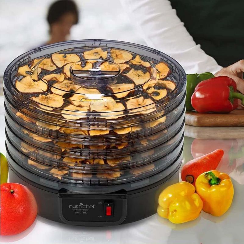 NutriChef PKFD14BK Kitchen Countertop Electric Food Dehydrator Preserver Machine with 5 Stackable Tray Racks for Jerky, Meat, Fruit, and Vegetables