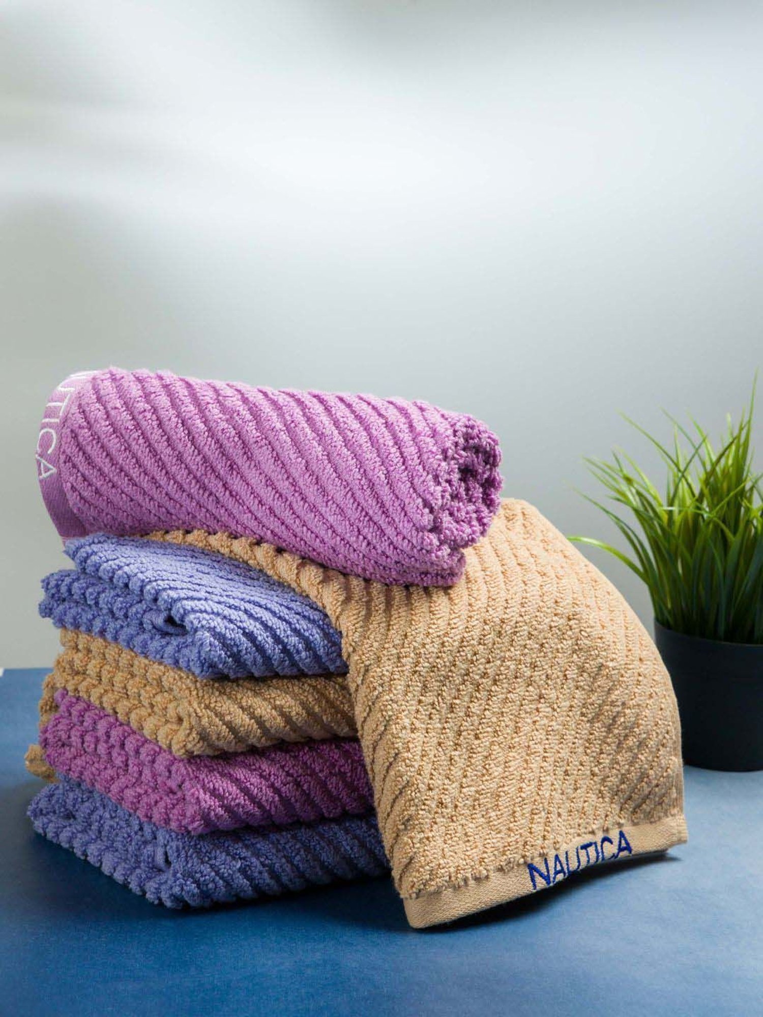 Nautica Cross View Wheat, Lilac & Grapemist Cotton 600 GSM Fluffy Zero Twist Hand Towel - Set of 6