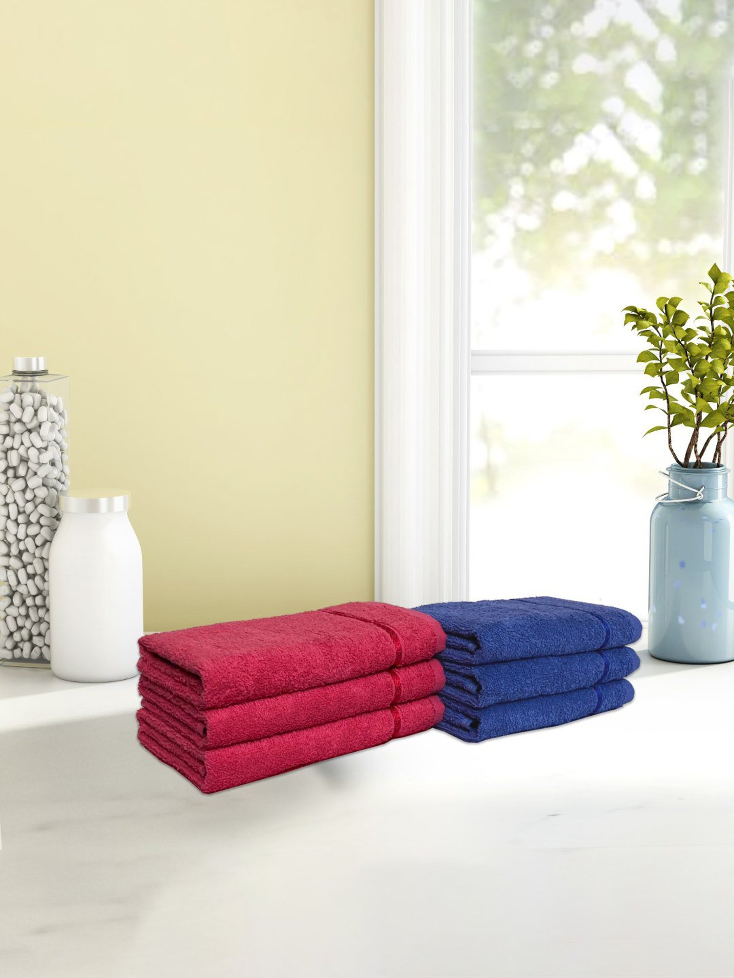 Spaces Seasons Best QD Navy Blue & Coral 380 GSM Cotton Hand Towel - Set of 6