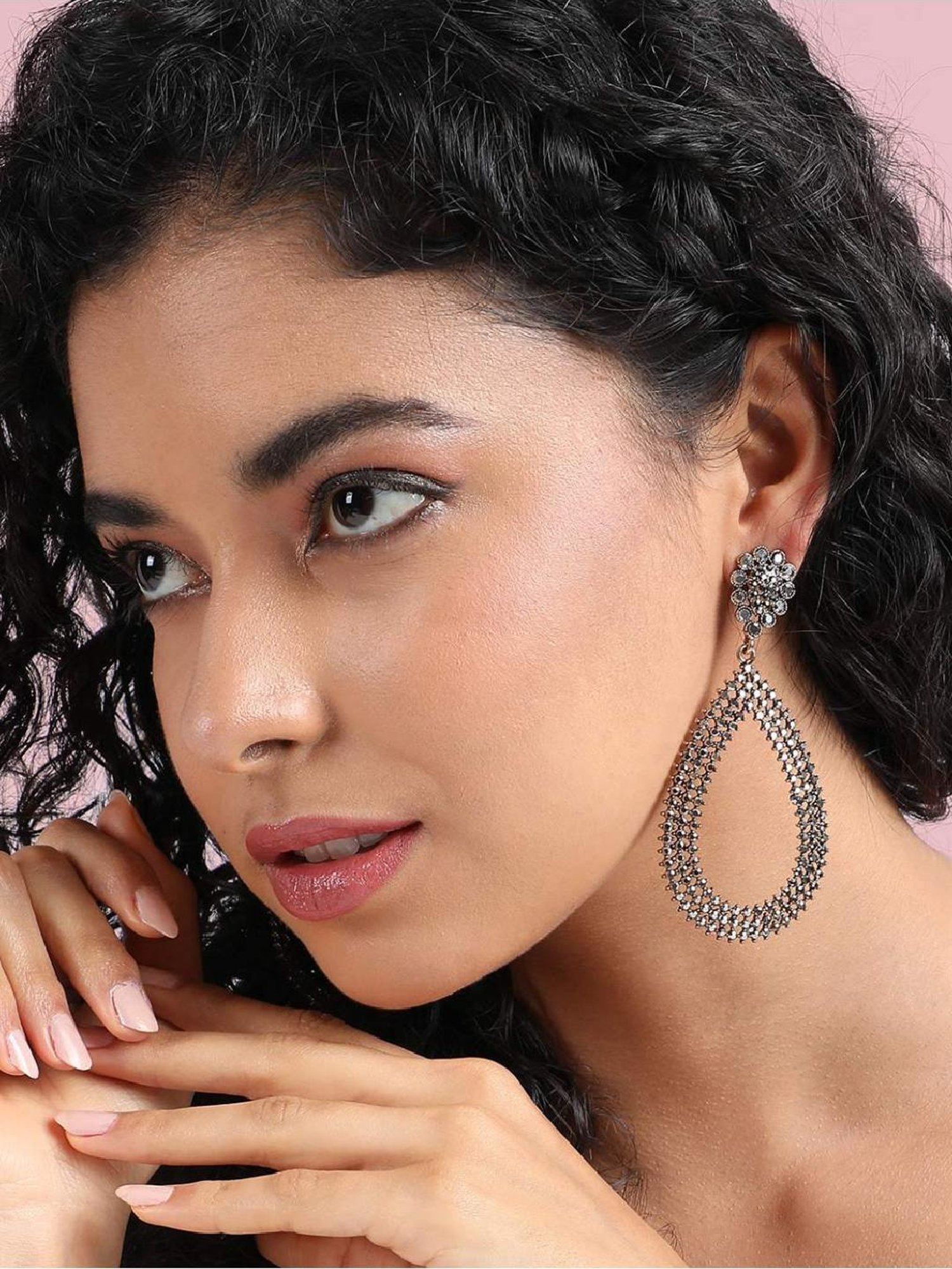 Sohi Women's Maxi Intricate Antique Teardrop Drop Earrings  Silver