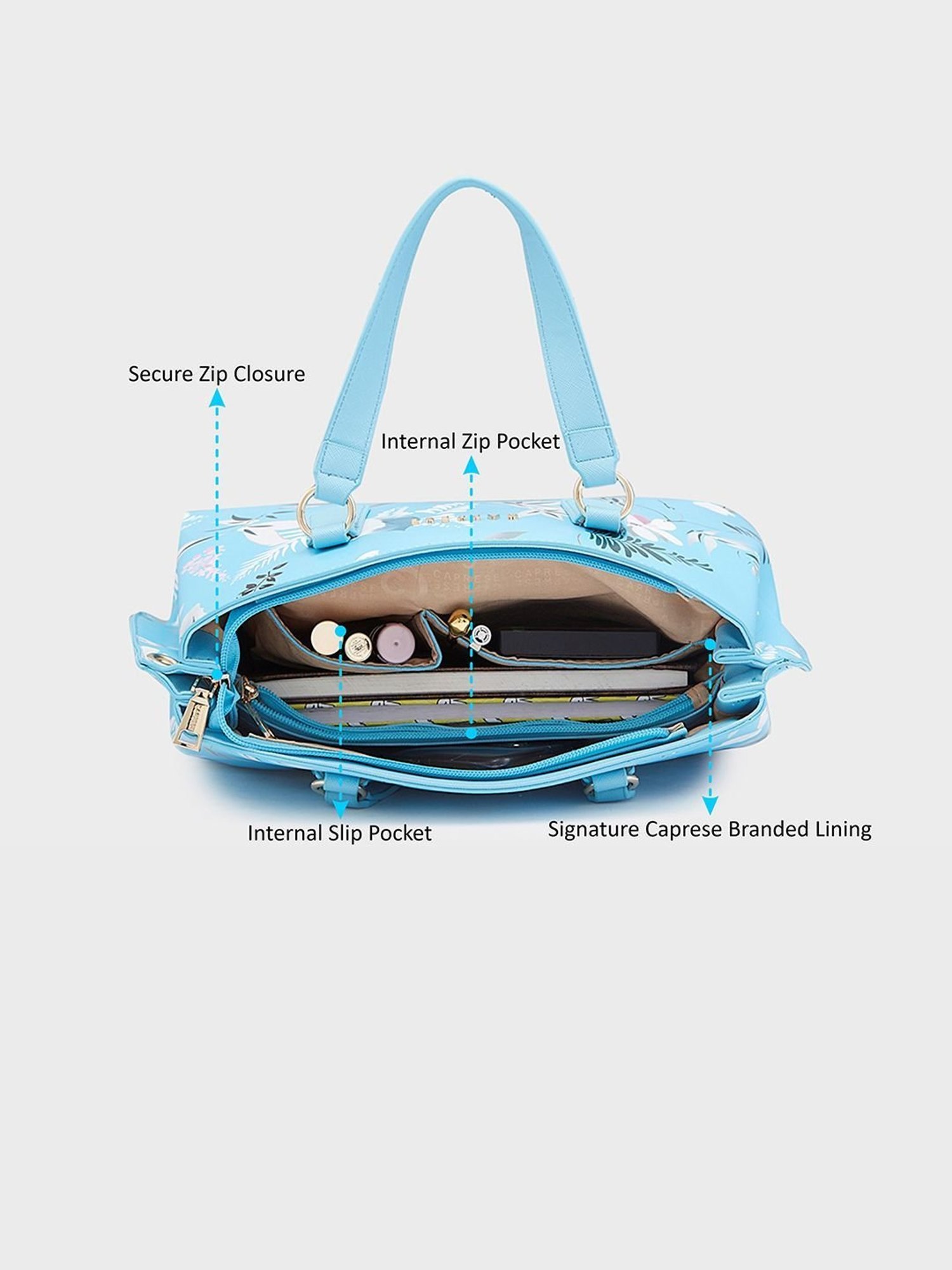 Caprese Gemma Blue Faux Leather Floral Handbag