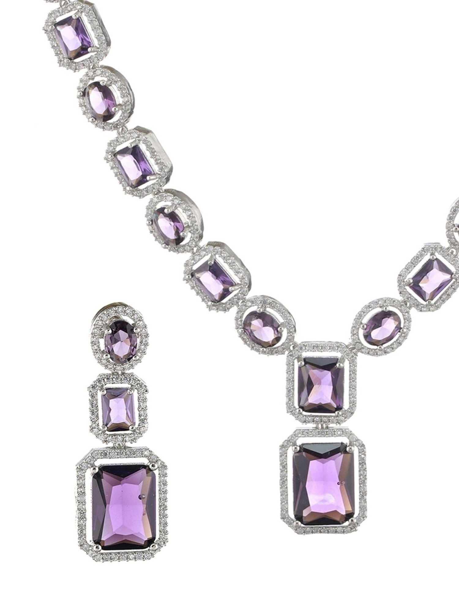 Aatmana Silver-Plated AD-Studded Handcrafted White & Purple Necklace Set