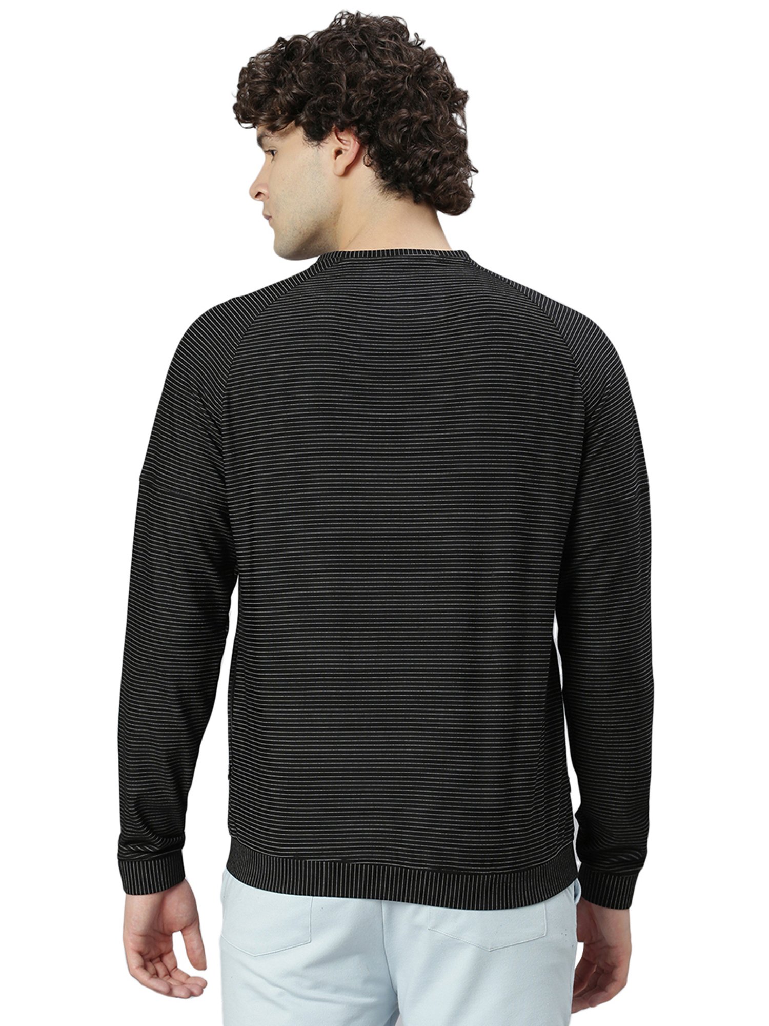 Slowave Black Regular Fit Striped Round Neck Sweatshirt