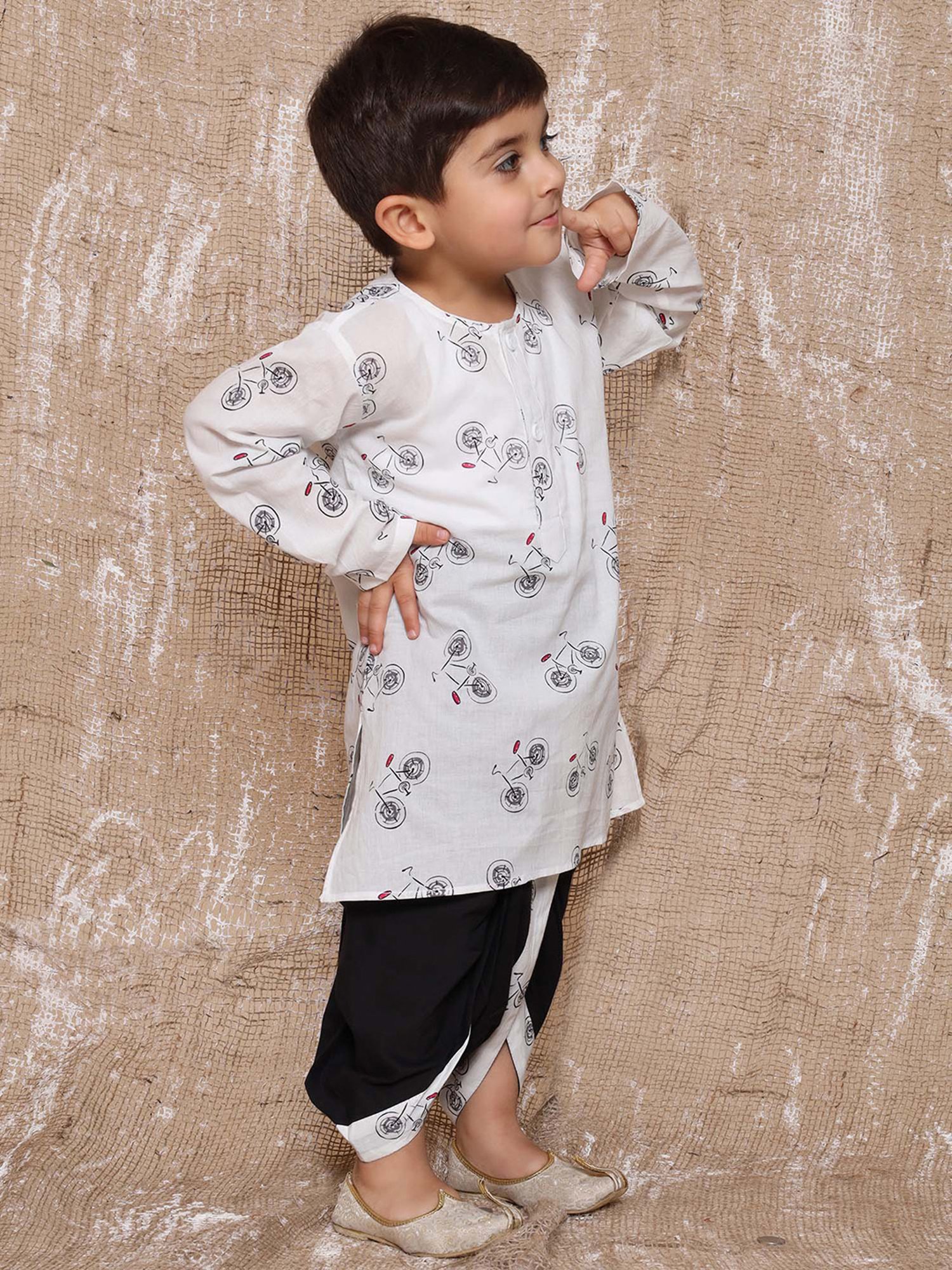 AJ Dezines Kids White & Black Printed Full Sleeves Kurta with Dhoti