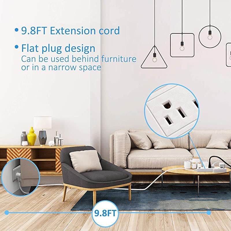 Mountable Surge Protector Power Strip  98ft 6 Outlets 4 USB Ports Electric Power Outlet with Right Angle Flat Plug Electric Long Extension Cord Power Charging Station for Home Office White