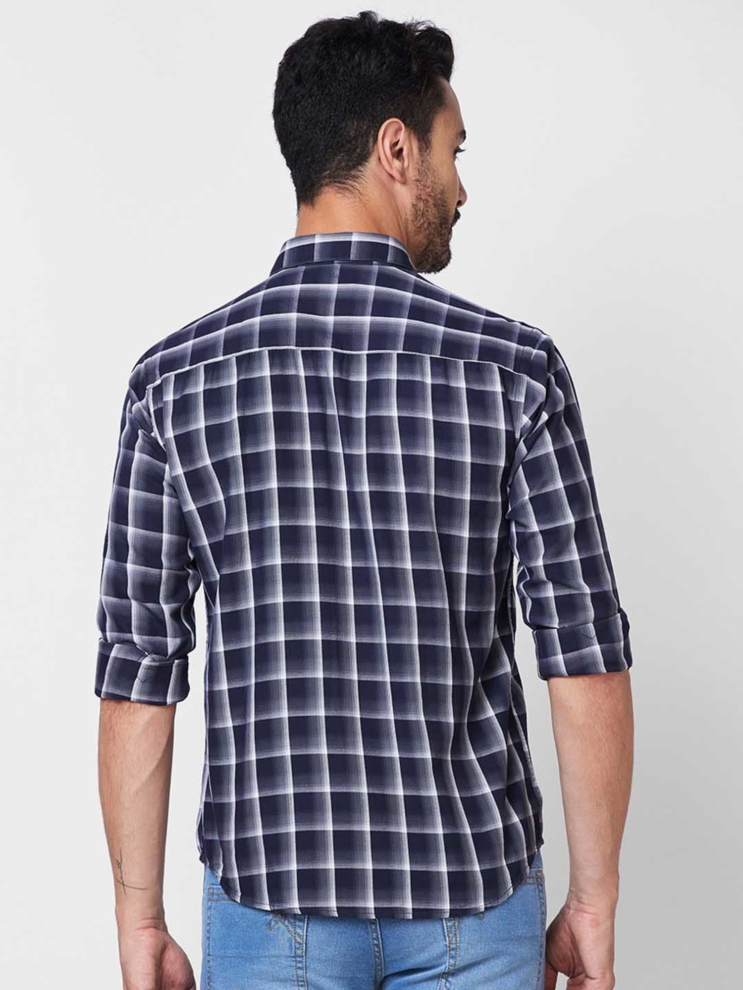 Park Avenue Dark Blue Slim Fit Check Shirt