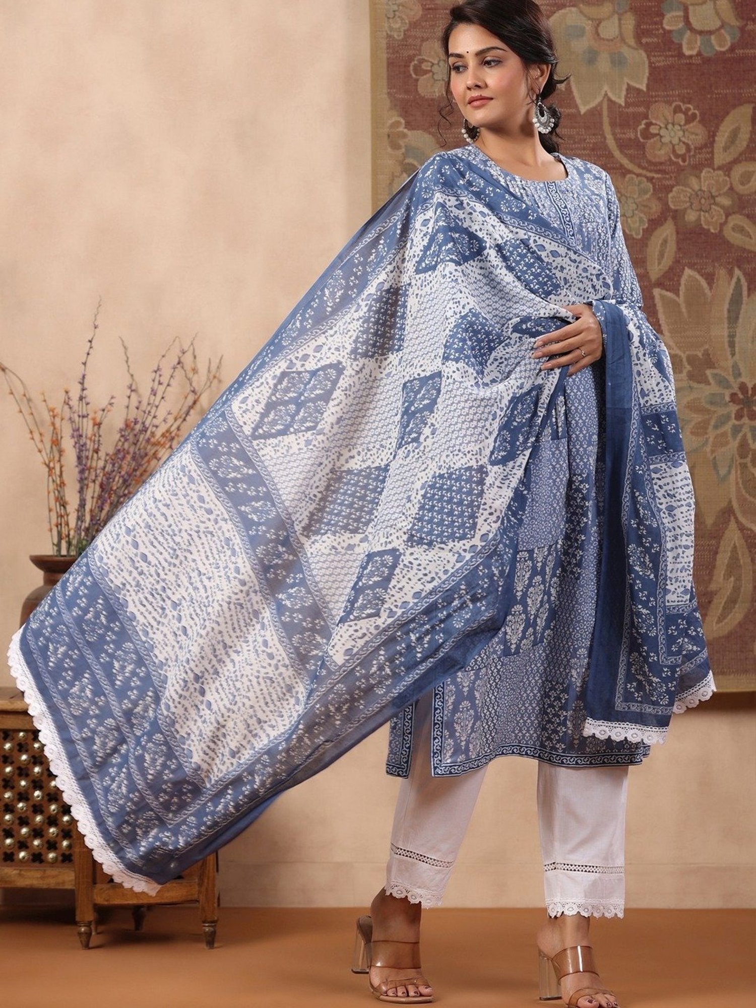 Rain and Rainbow Blue & White Cotton Printed Kurta Pant Set With Dupatta
