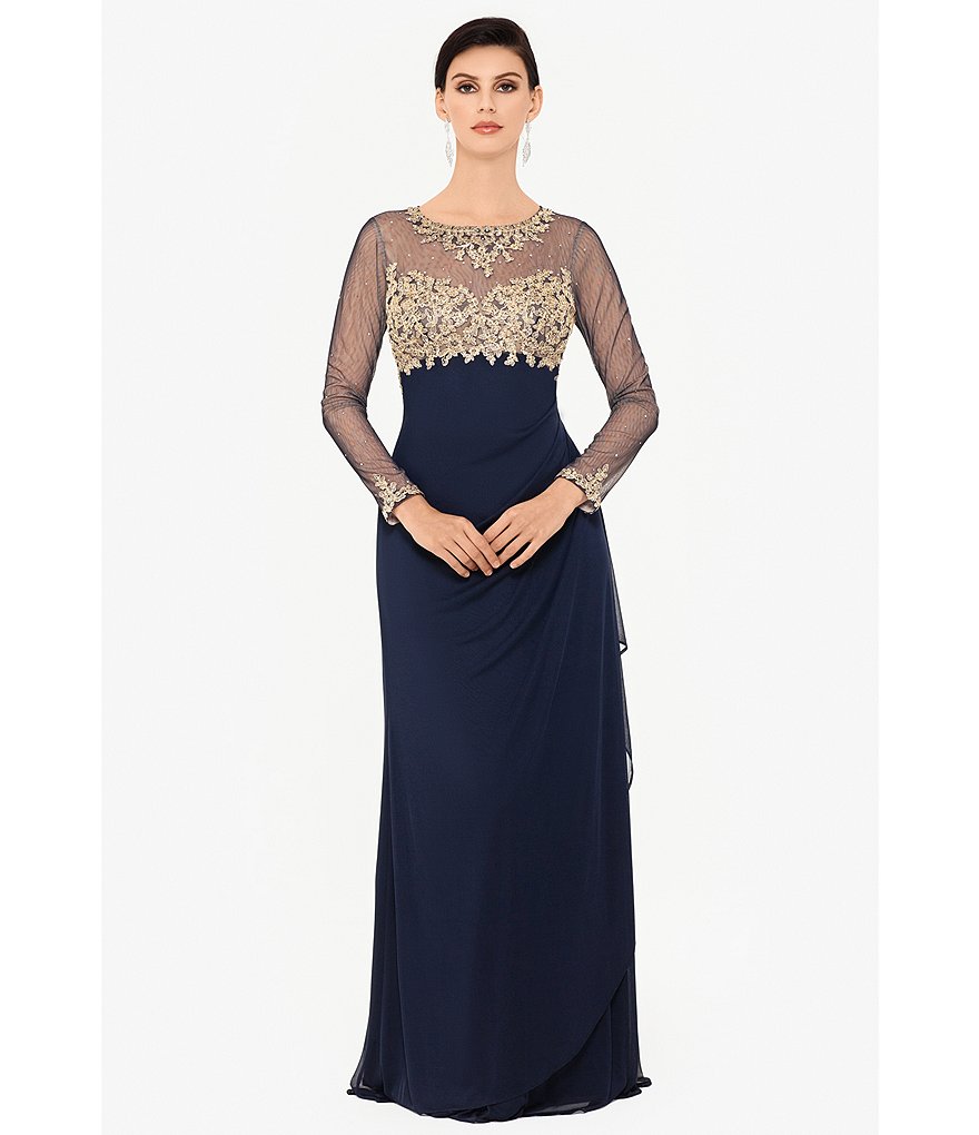 Xscape Long Sleeve Round Neck Gold Embroidered Ruched Gown