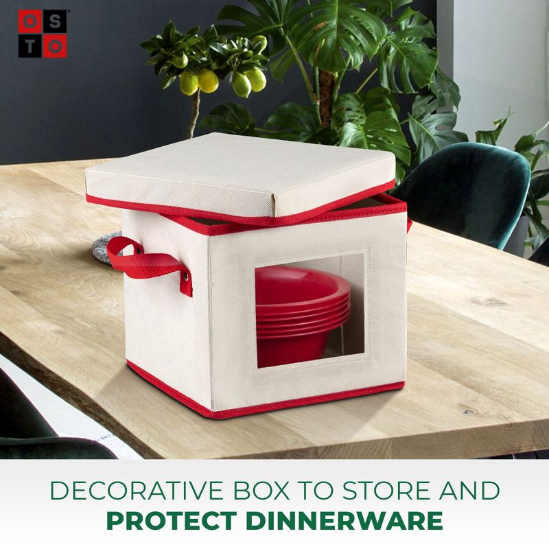 OSTO Holiday Dinnerware Storage Box with Lid; Saucer/Soup Plate Box with Cardboard Insert Has Clear Window, Handgrips, & Lid, Color Ivory and Red