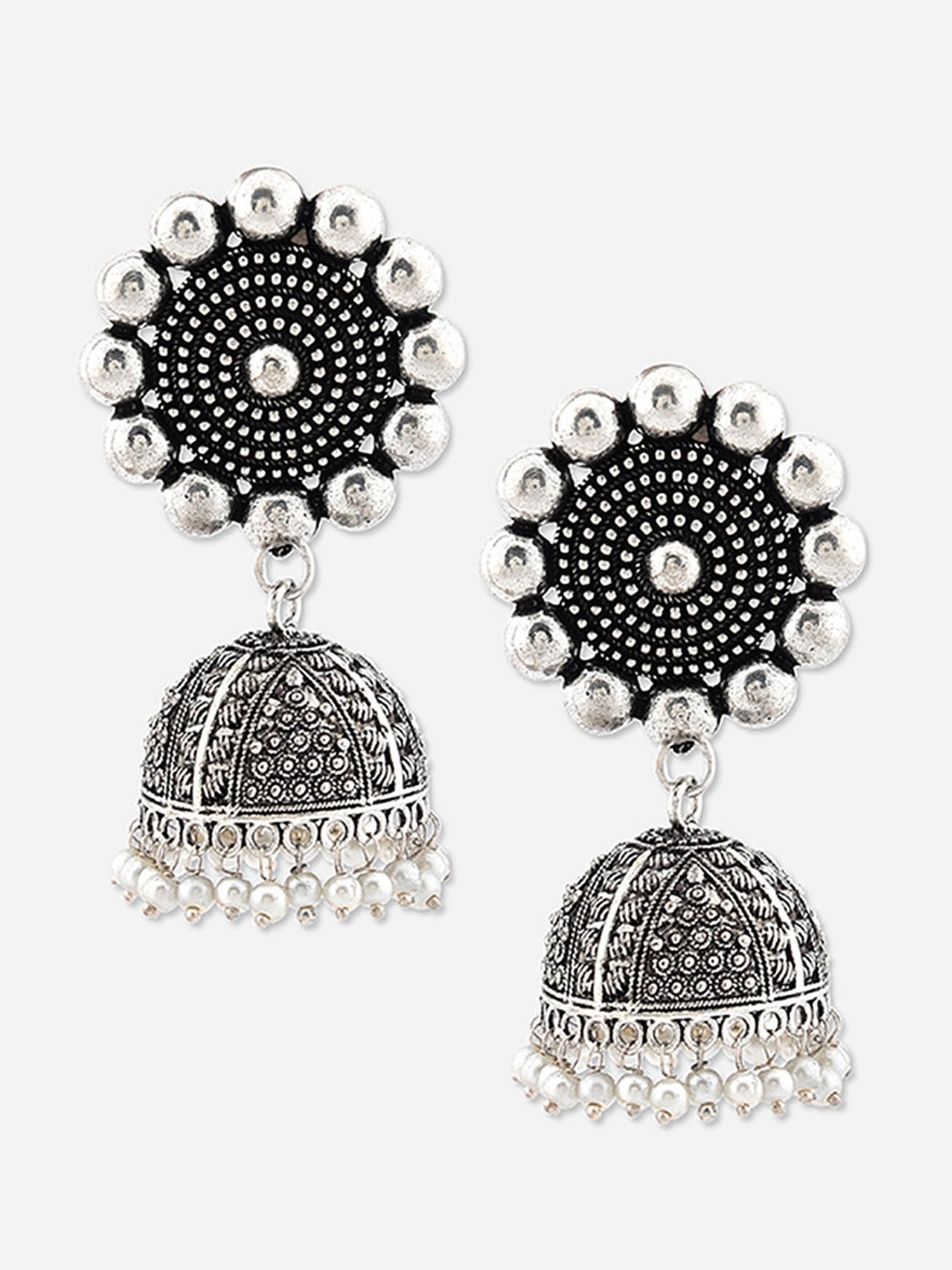 Fida Oxidized Flower Tribal Silver Jhumki