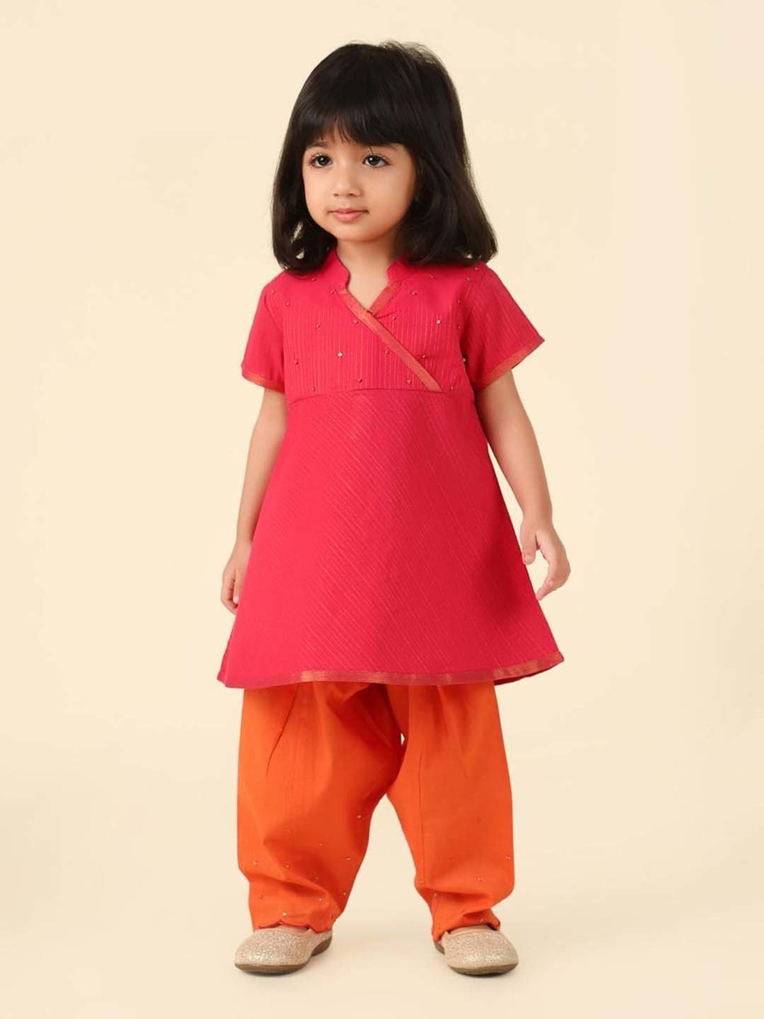 Fabindia Kids Pink & Orange Embellished Kurti & Salwar