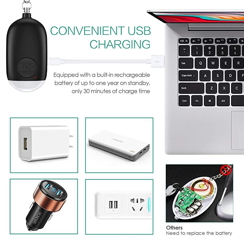 Safe Sound Personal Alarm Personal Security Alarm Keychain 130dB Emergency Self Defense Alarms with LED Light Supports USB Charging for Women Kids Elderly Black and White 2 Pack