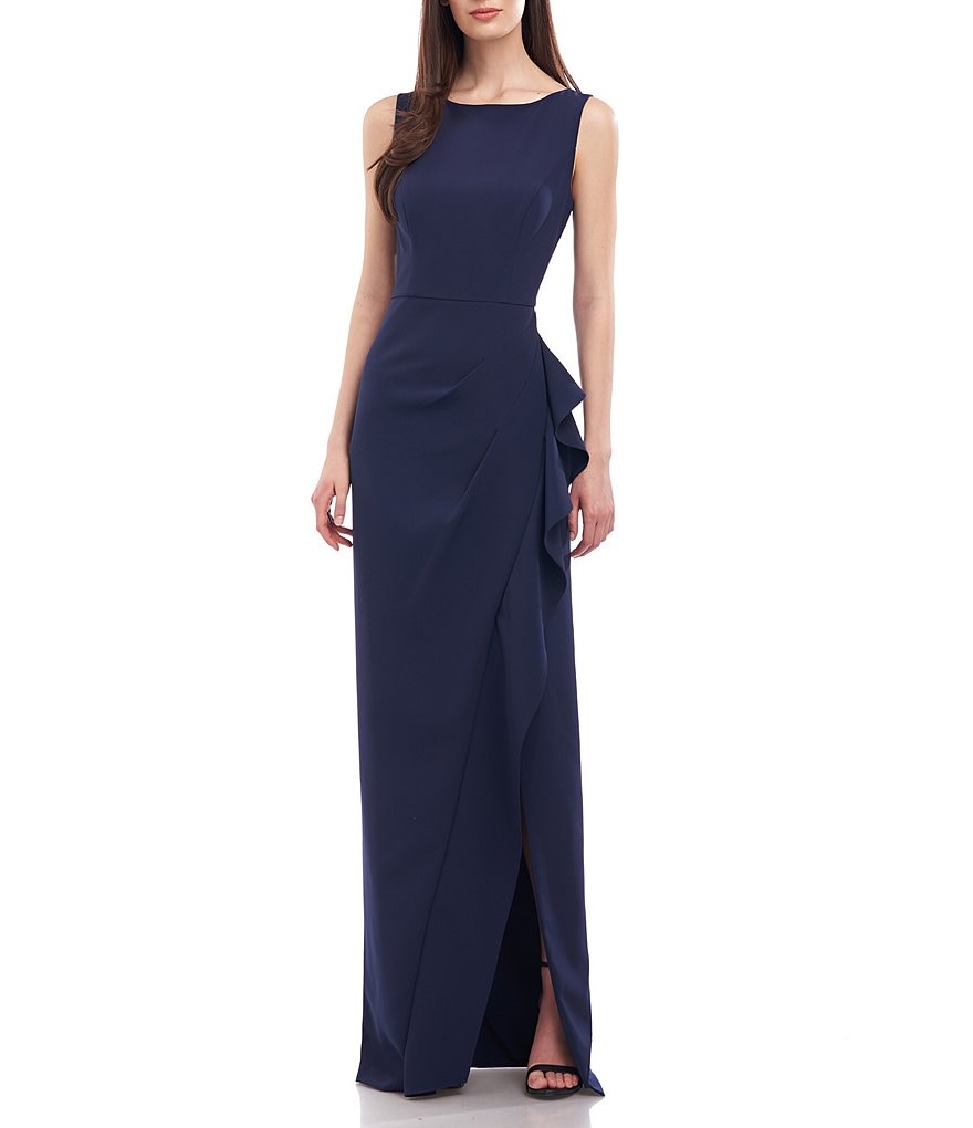 Kay Unger Boat Neck Sleeveless Drape Crepe Long Gown