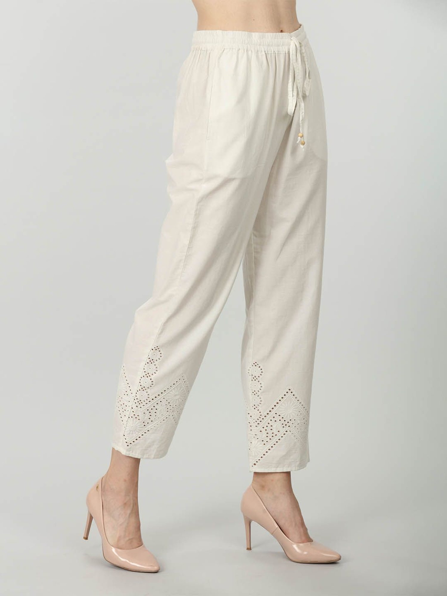 Mustard Off White Cotton Embroidered Pants